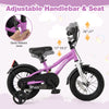 Kids 12-inch bike in purple with adjustable seat and handlebars, dual brakes, and detachable training wheels for safety.