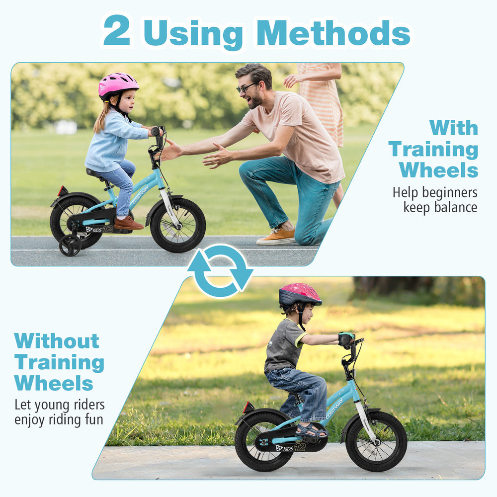 Kids bike with training wheels for ages 3-4, featuring adjustable seat, dual brakes, and anti-puncture tires for safety.