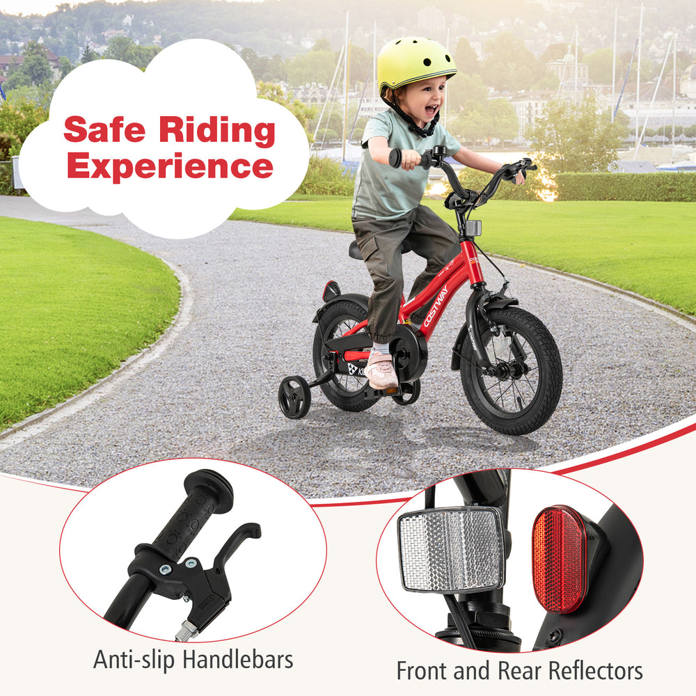 Kids bike with adjustable seat, anti-slip handlebars, and reflectors for safe riding experience for ages 3-4.
