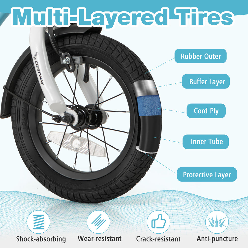 Close-up of the 12-inch kids bike tire showcasing anti-puncture multi-layered design for durability and safety.