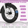 Close-up of multi-layered tires featuring rubber outer, buffer layer, and anti-puncture design for kids' bike safety.