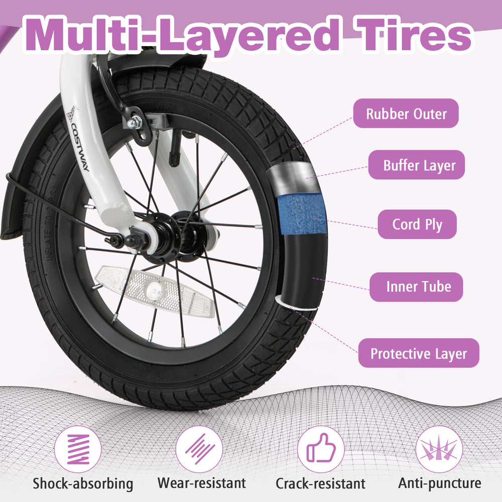 Close-up of multi-layered tires featuring rubber outer, buffer layer, and anti-puncture design for kids' bike safety.