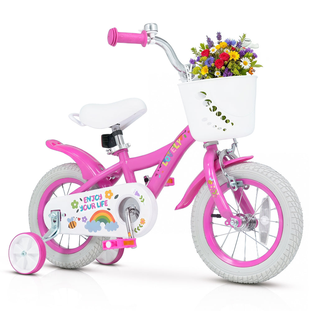 Pink 12-inch girls bike with adjustable seat, training wheels, and a basket, perfect for kids aged 3-4 years.