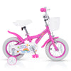 Pink 12-inch girls bike with adjustable seat, training wheels, basket, and reflectors for safety and comfort.