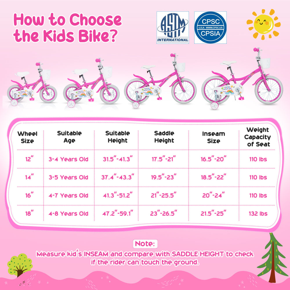 12-inch pink girls bike for 3-4 years old features adjustable seat, training wheels, and a basket for added fun.