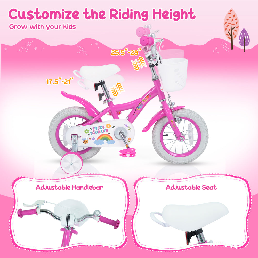 12-inch pink girls bike with adjustable seat and handlebar, training wheels, basket, and reflectors for safety and fun.