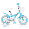 Blue 12-inch girls bike with training wheels, basket, and adjustable seat for kids aged 3-4 years for safe riding.
