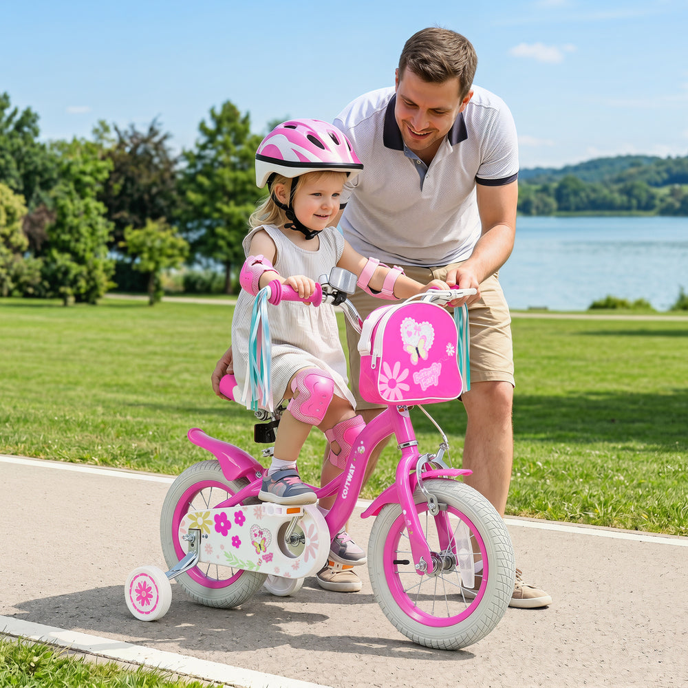 Girls 12-inch pink bike with front bag, streamers, and training wheels, perfect for kids aged 3-4 years.