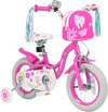 Pink 12-inch girls bike featuring a front bag, streamers, adjustable height, and removable training wheels for ages 3-4.