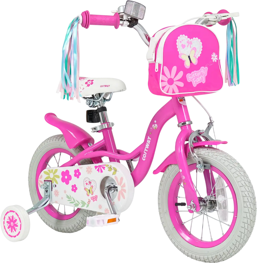 Pink 12-inch girls bike featuring a front bag, streamers, adjustable height, and removable training wheels for ages 3-4.