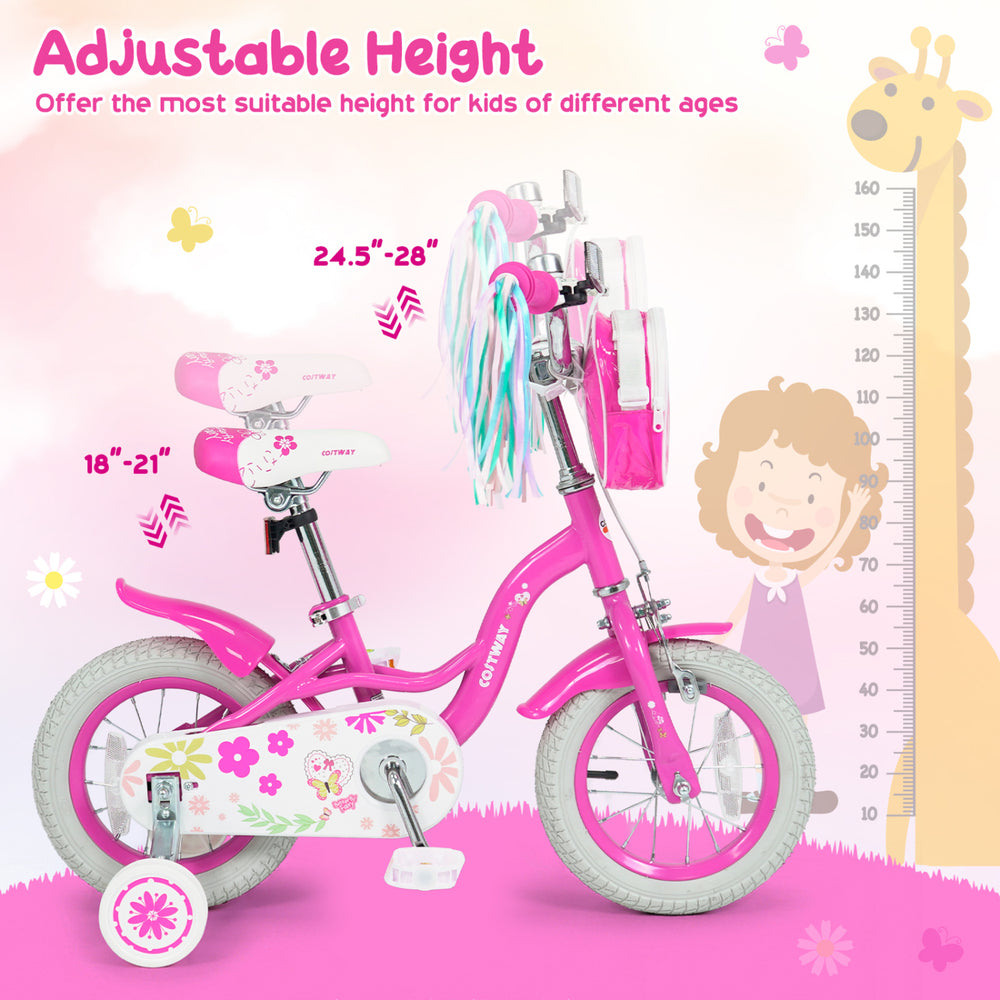 12-inch pink girls bike with adjustable height, front bag, streamers, and training wheels for kids aged 3-4 years.