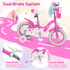 12-inch pink girls bike features a dual brake system, adjustable height, and a front bag with streamers for playful rides.
