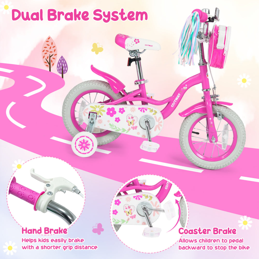 12-inch pink girls bike features a dual brake system, adjustable height, and a front bag with streamers for playful rides.
