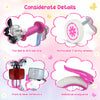 Adjustable 12-inch pink girls bike features removable training wheels, fun bell, anti-slip grip, and front bag for treasures.