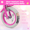 Close-up of the 12-inch pink girls bike tire showcasing wear-resistant design with rubber outer and protective layer for durability.