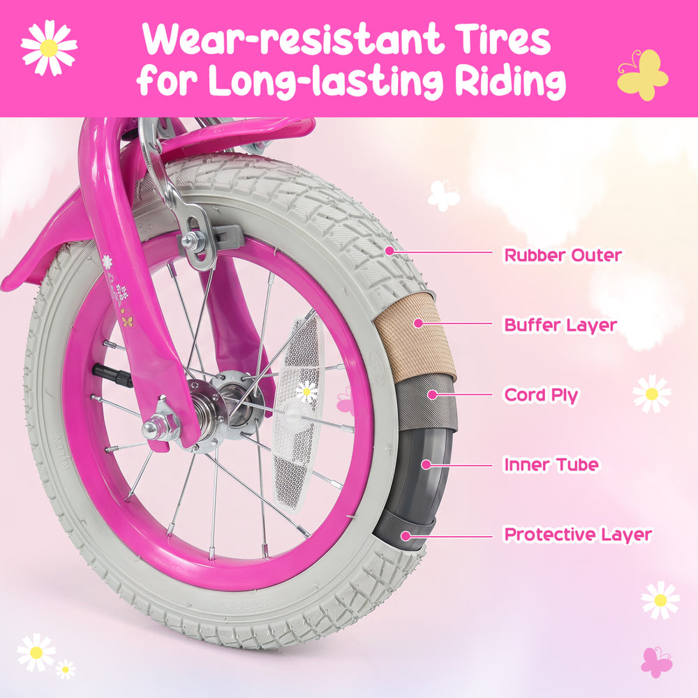 Close-up of the 12-inch pink girls bike tire showcasing wear-resistant design with rubber outer and protective layer for durability.