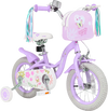 Purple 12-inch girls bike with front bag, streamers, removable training wheels, and adjustable height for ages 3-4.