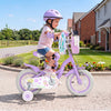 Purple 12-inch girls bike features adjustable height, removable training wheels, and a front bag with decorative streamers.