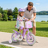 Purple 12-inch girls bike with front bag and streamers, featuring adjustable height and removable training wheels for ages 3-4.