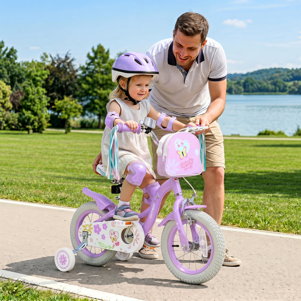Purple 12-inch girls bike with front bag and streamers, featuring adjustable height and removable training wheels for ages 3-4.