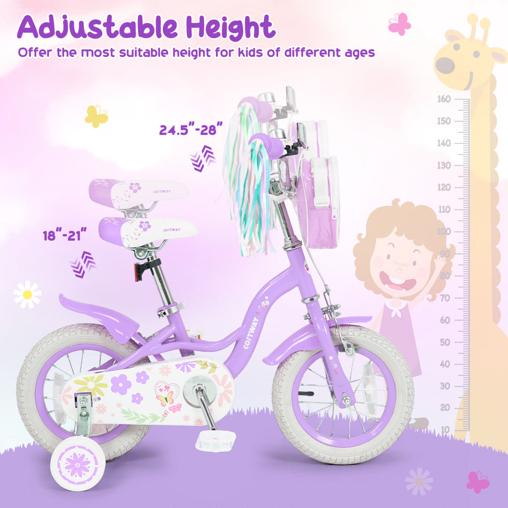 12-inch purple girls bike with adjustable height, front bag, streamers, and removable training wheels for ages 3-4.