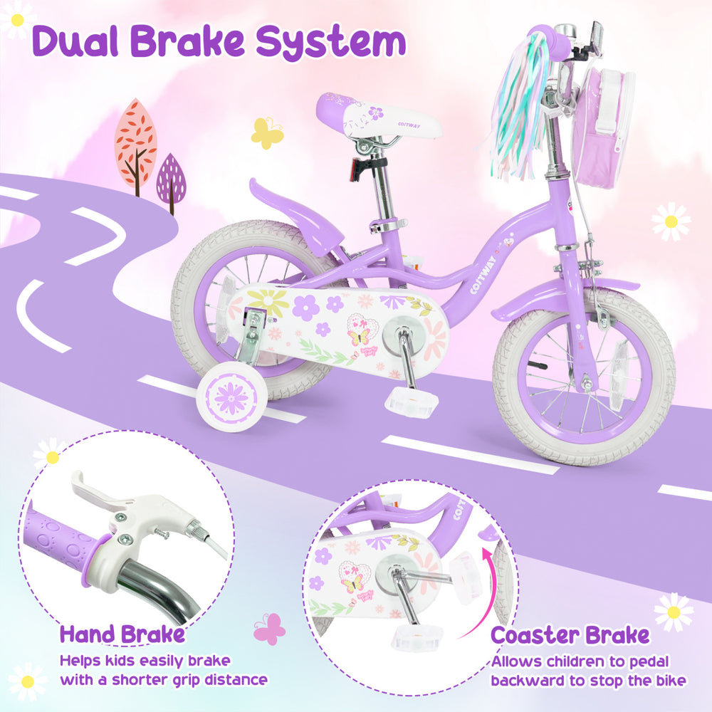 Purple 12-inch girls bike features a dual brake system, adjustable height, and removable training wheels for kids aged 3-4.