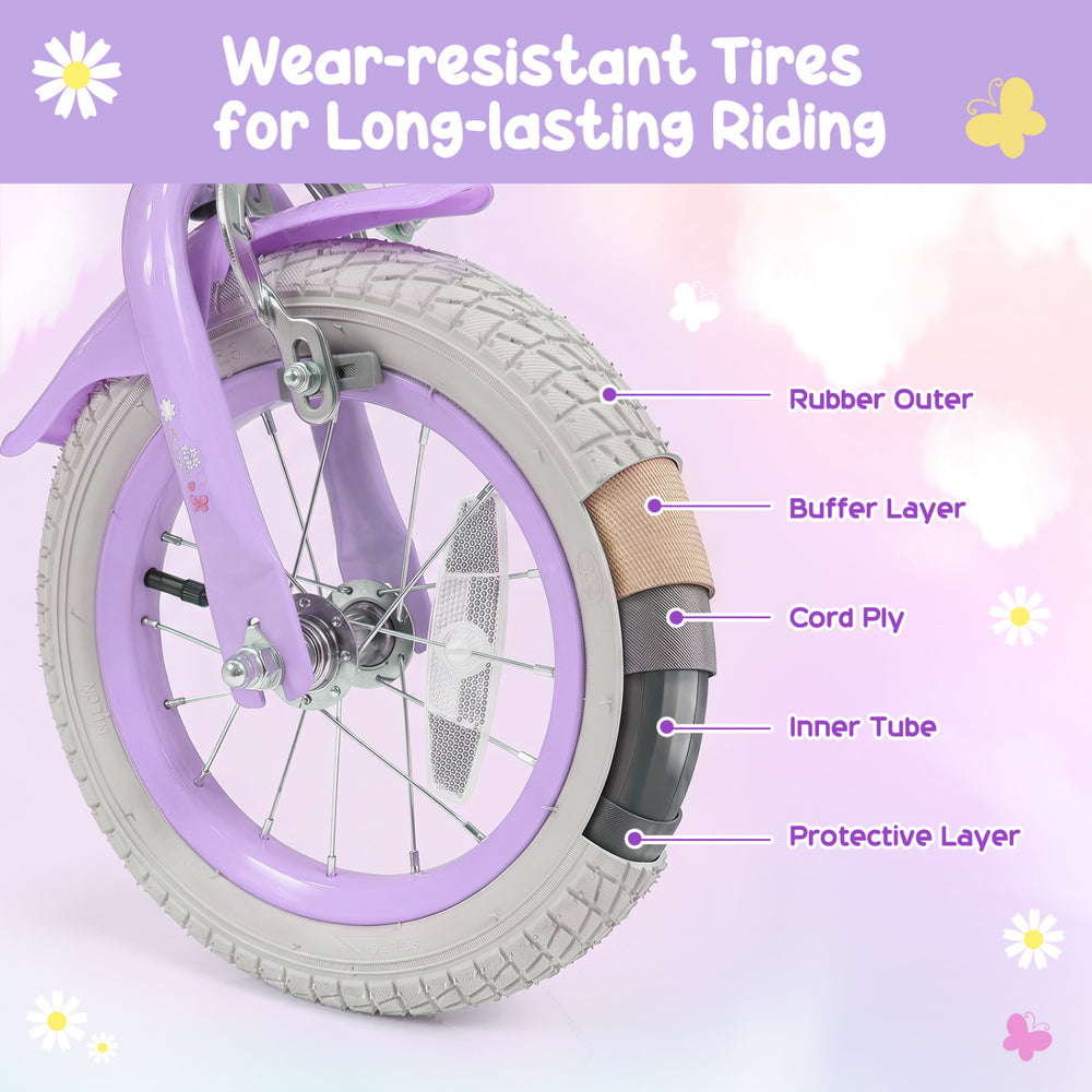 Wear-resistant tires with a rubber outer and protective layer ensure long-lasting riding for the 12-inch purple girls bike.