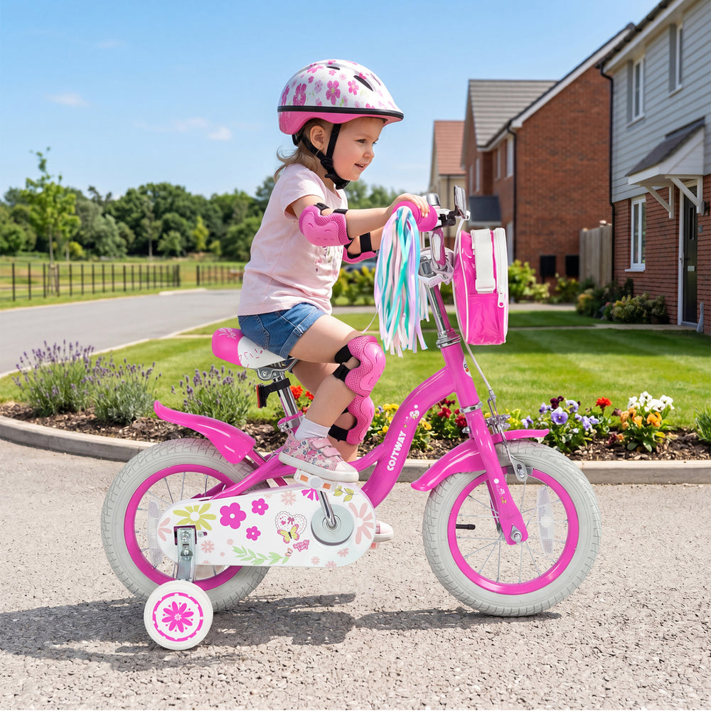 Pink 12-inch girls bike with adjustable height, front bag, streamers, and training wheels for kids aged 3-4 years.