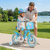 Girls 12-inch blue bike with adjustable height, front bag, streamers, and training wheels for kids aged 3-4 years.