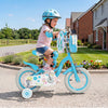 Girls' 12-inch blue bike with adjustable height, training wheels, front bag, and decorative streamers for playful rides.