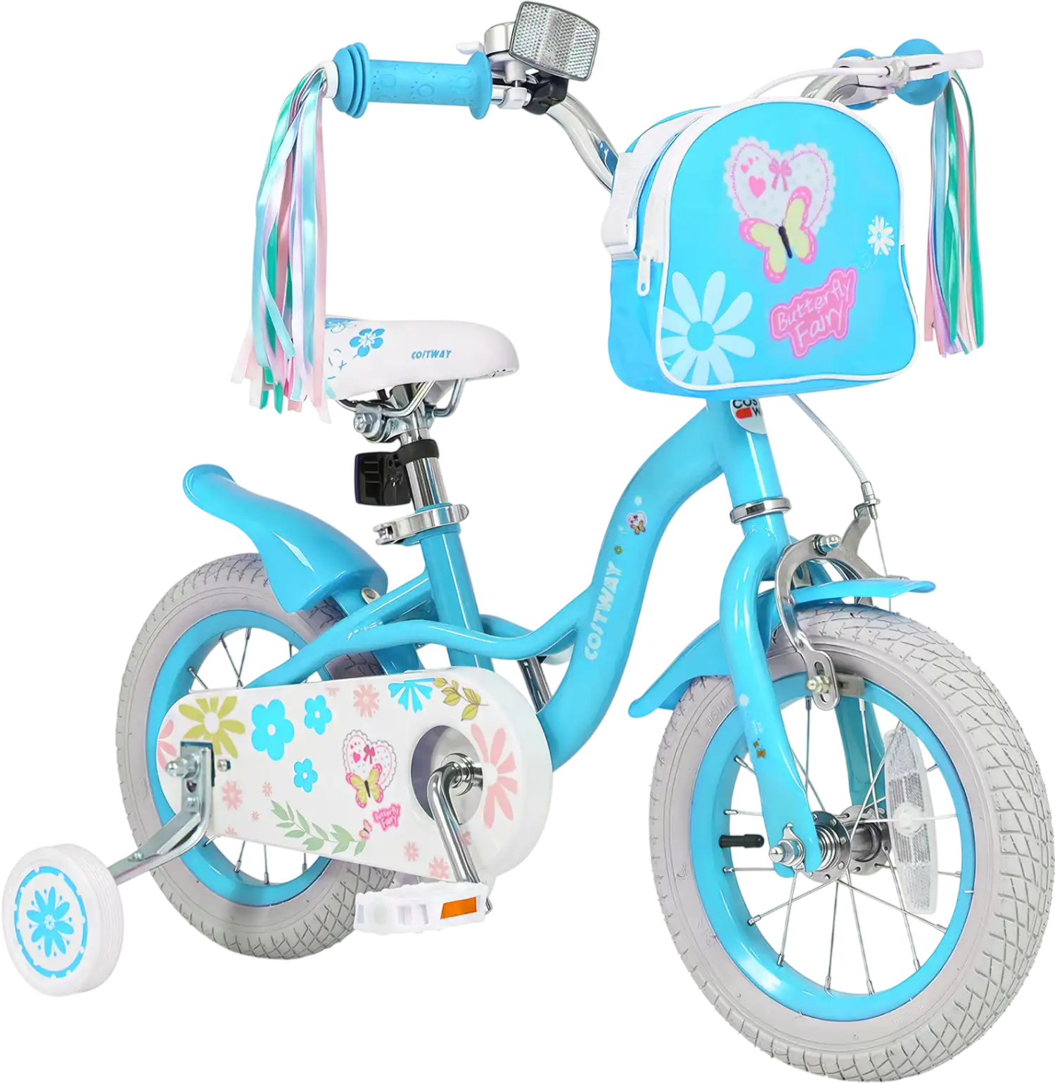 Costway Girls Bike w/ Front Bag & Streamers Blue 12-18
