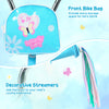 Front bike bag and decorative streamers on a blue 12-inch girls bike for ages 3-4, enhancing playful rides.