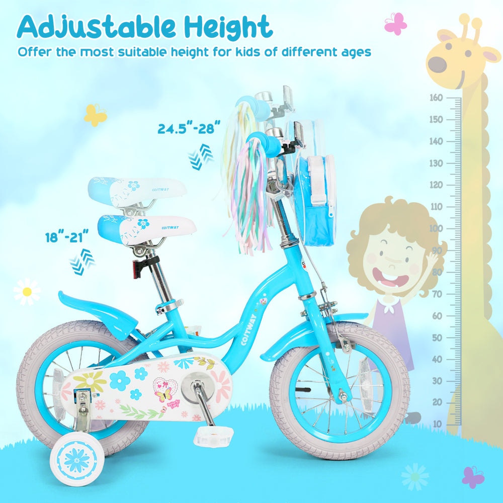 12-inch blue girls bike with adjustable height, front bag, streamers, and training wheels for kids aged 3-4 years.