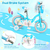 12-inch blue girls bike features a handbrake, coaster brake, adjustable height, and decorative streamers for playful rides.