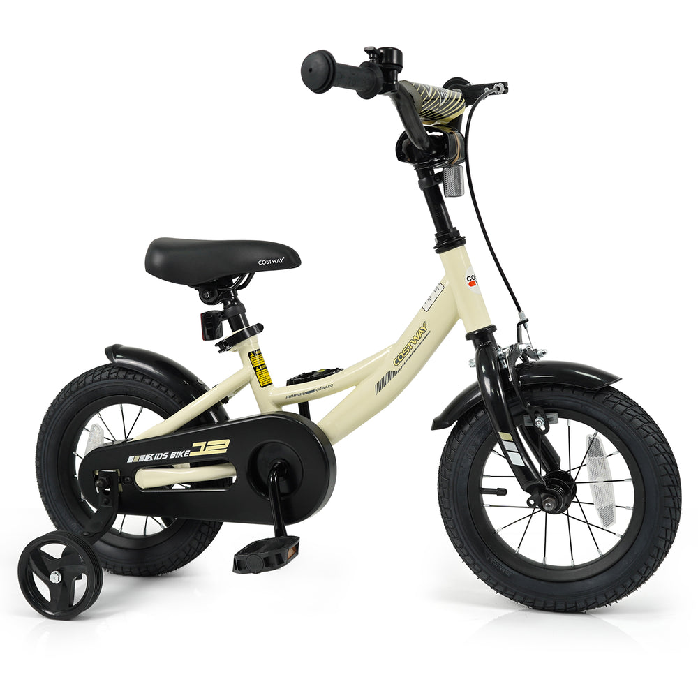 12-inch kids bike in cream color with removable training wheels, adjustable seat, and dual brake system for safe riding.