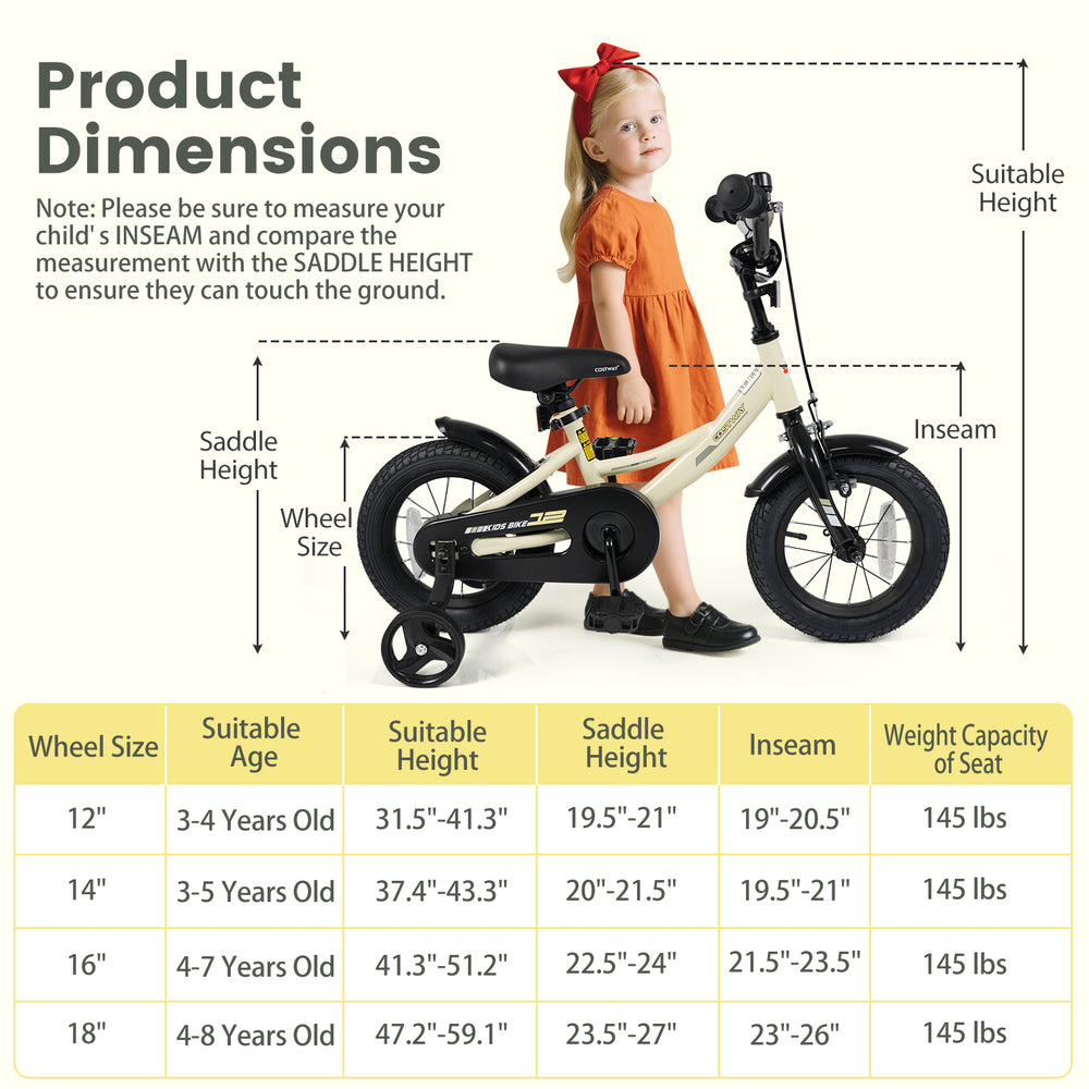 12-inch kids bike with removable training wheels, adjustable seat, and dual brakes, perfect for ages 3-8 years.