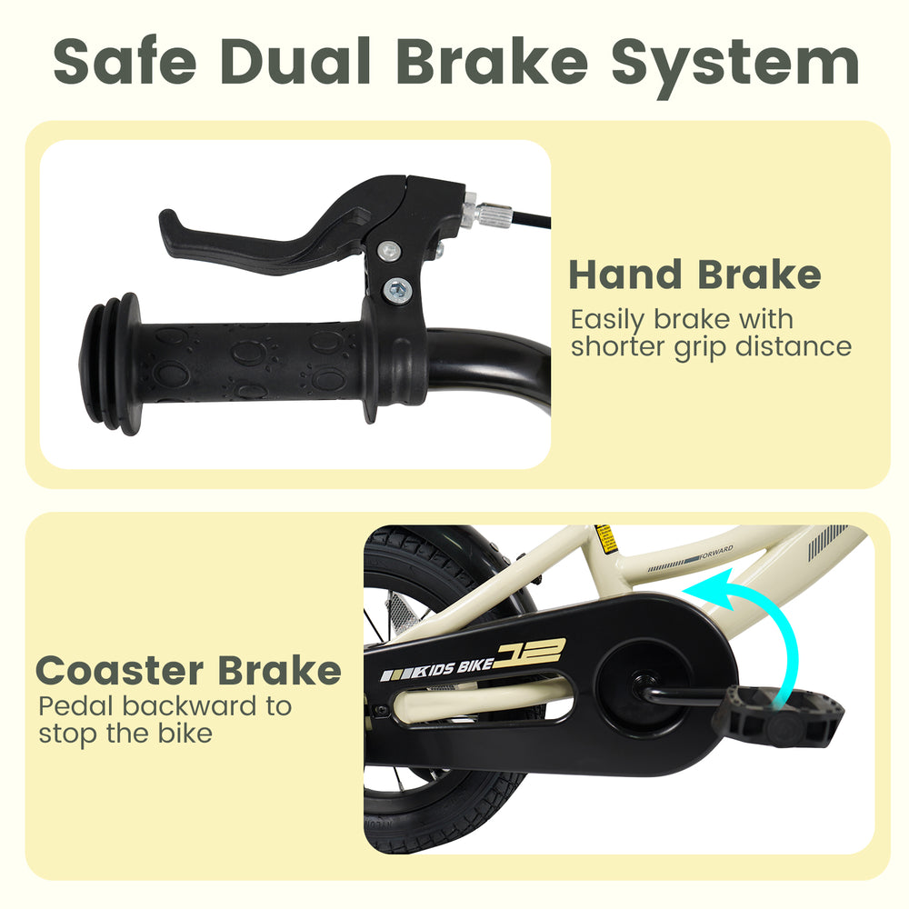 Hand brake and coaster brake details of the 12 inches kids bike, designed for safety and easy riding for children.
