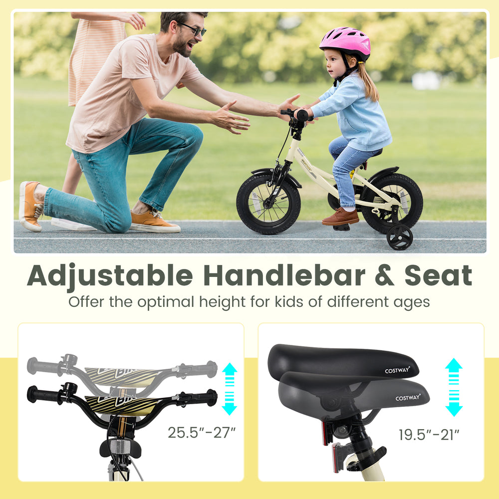 Adjustable handlebar and seat of a 12-inch kids bike, ideal for ages 3-8, featuring removable training wheels for.