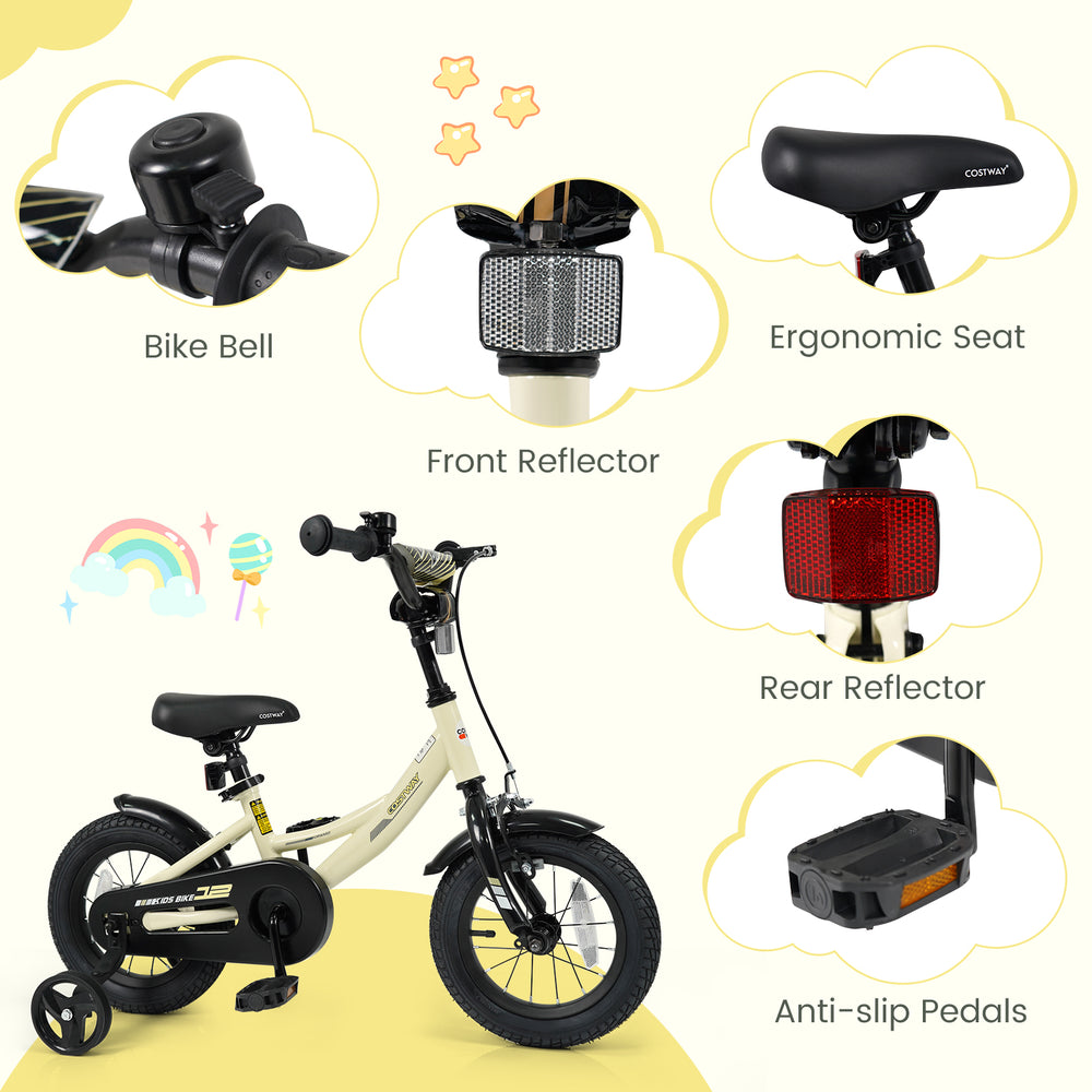 Kids bike with 12-inch wheels, removable training wheels, ergonomic seat, and safety reflectors for ages 3-8.