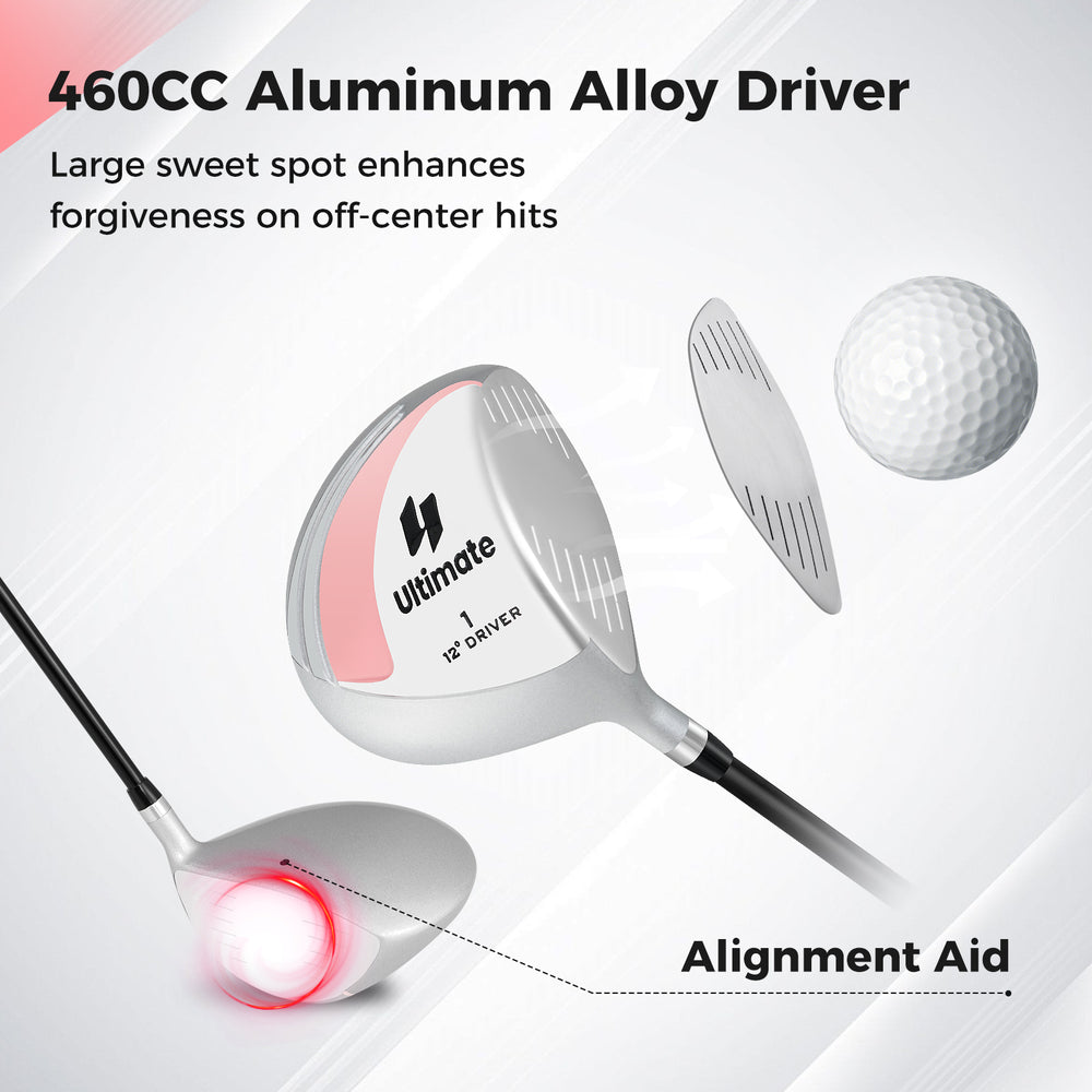 460CC aluminum alloy driver golf club for women with alignment aid, lightweight graphite shaft, and anti-slip grip.