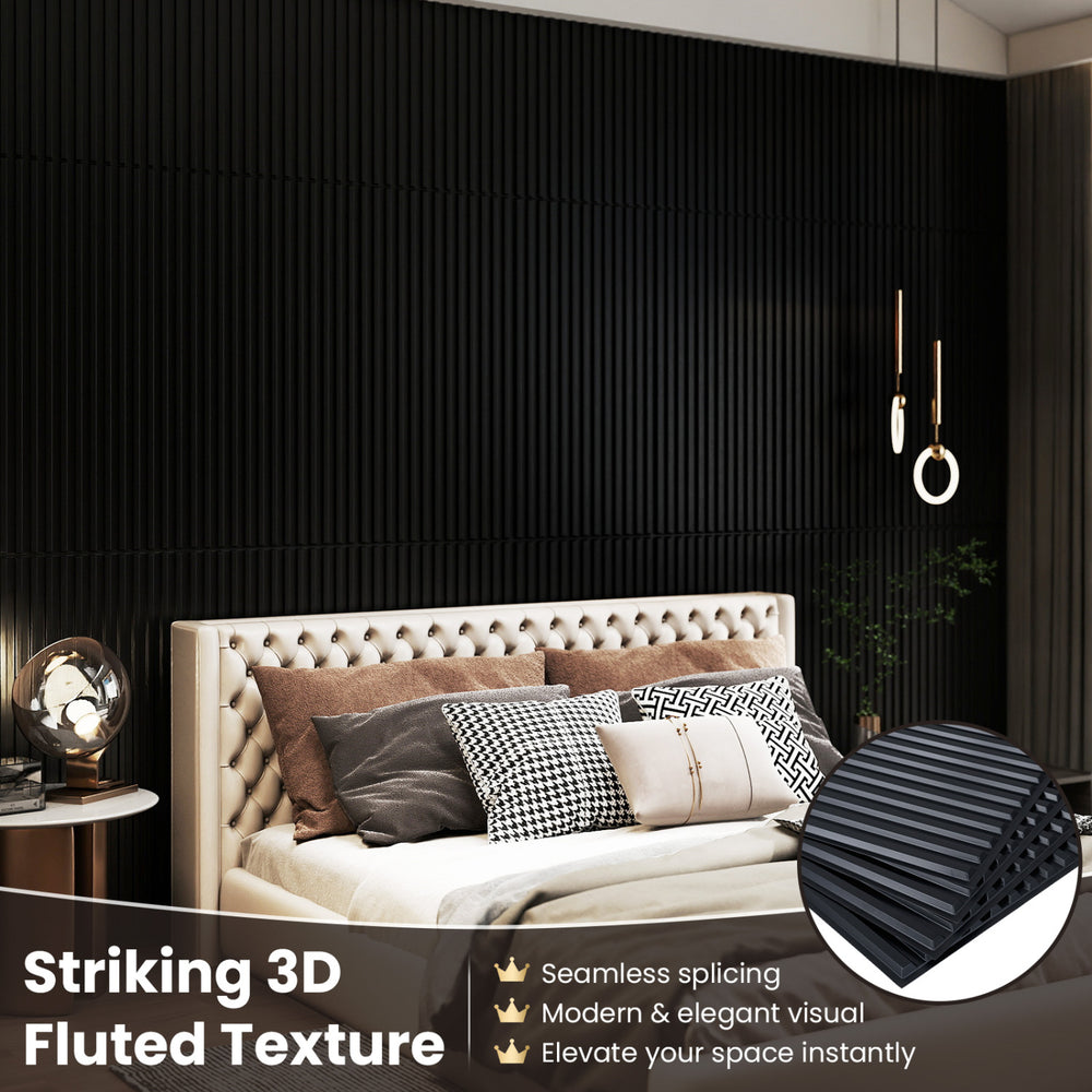 Black 3D fluted PVC slat wall panel showcasing seamless splicing, ideal for modern interior decoration in living rooms.