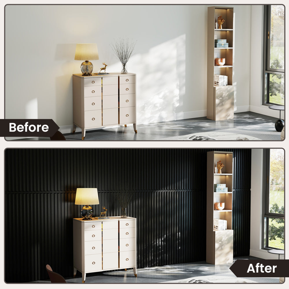 Black PVC slat wall panels with 3D fluted texture, ideal for modern living room and TV background decoration.