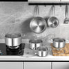 12-piece stainless steel pots and pans set with tempered glass lids, including various sizes for versatile cooking.