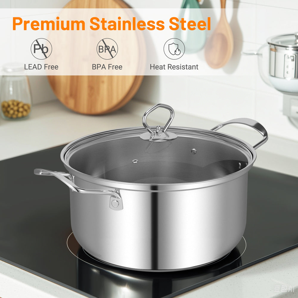 12 QT stainless steel stockpot with tempered glass lid, heat resistant, ideal for gas and electric stoves.