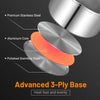 Close-up of the advanced 3-ply base showcasing the aluminum core and polished stainless steel for even heating.