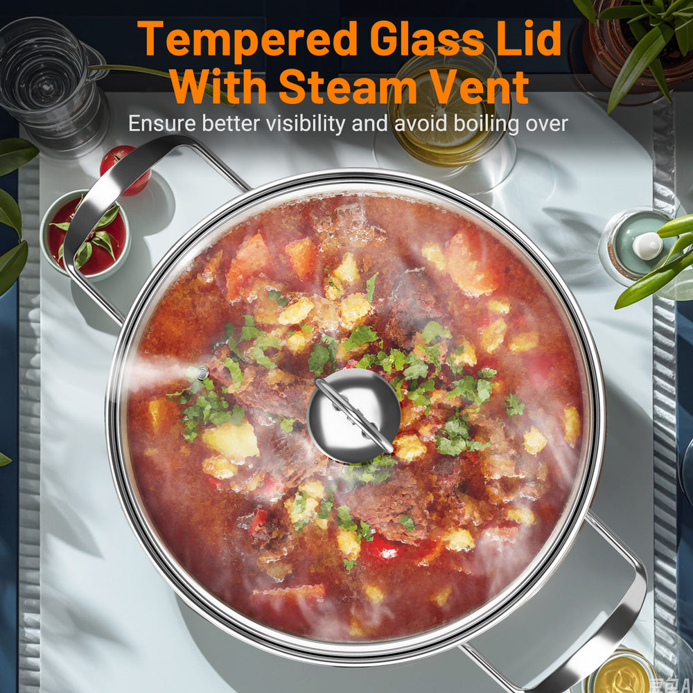 Tempered glass lid with steam vent from the 12-piece pots and pans set, ensuring visibility and preventing boiling over.
