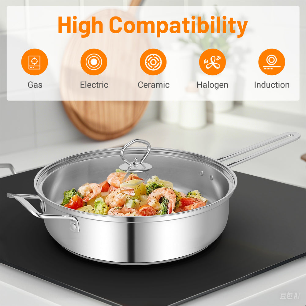 Stainless steel frying pan from a 12-piece cookware set, featuring a tempered glass lid and suitable for all cooktops.