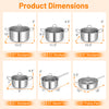 Dimensions of 12-piece stainless steel pots and pans set, including stockpots, frying pan, and saucepan.