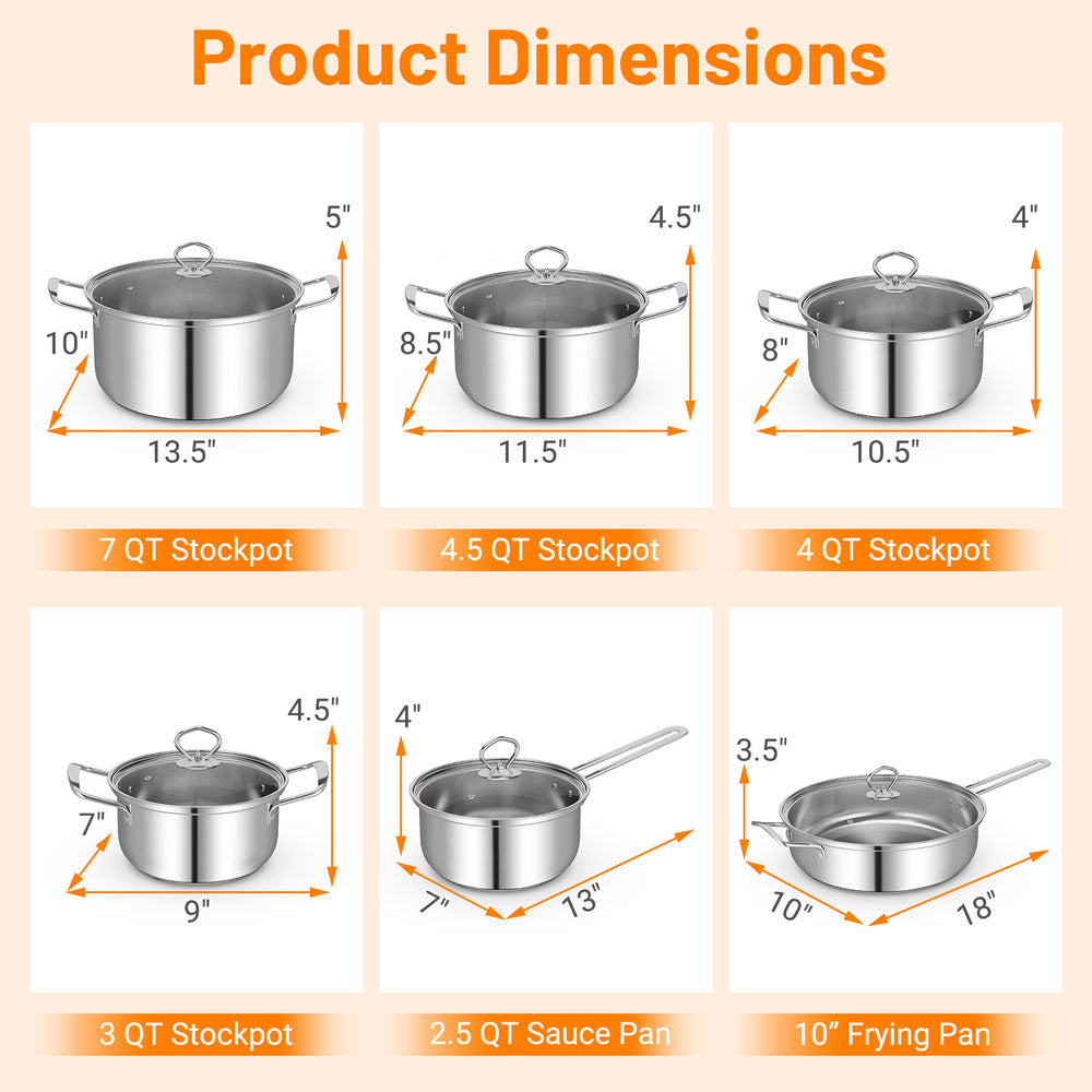 Dimensions of 12-piece stainless steel pots and pans set, including stockpots, frying pan, and saucepan.
