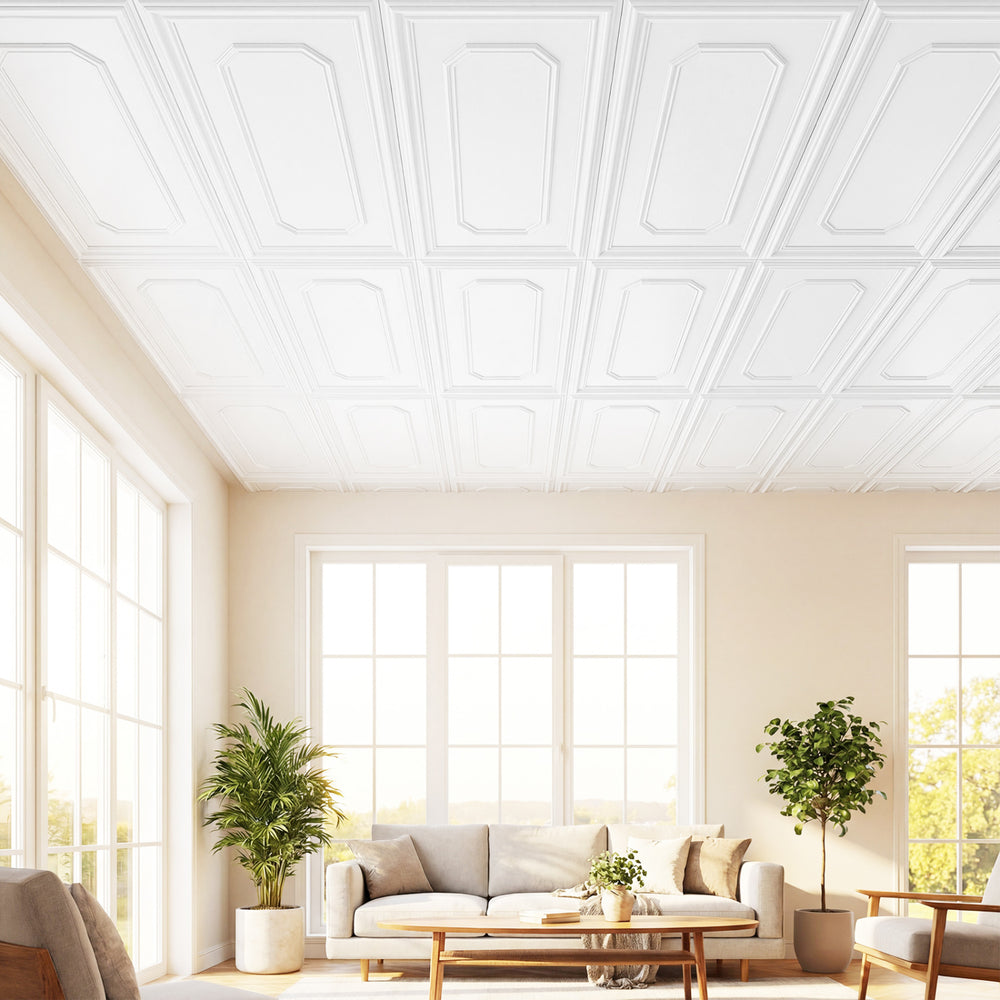12 pieces of decorative PVC ceiling tiles in a 3D-style design, ideal for easy installation in living or dining rooms.